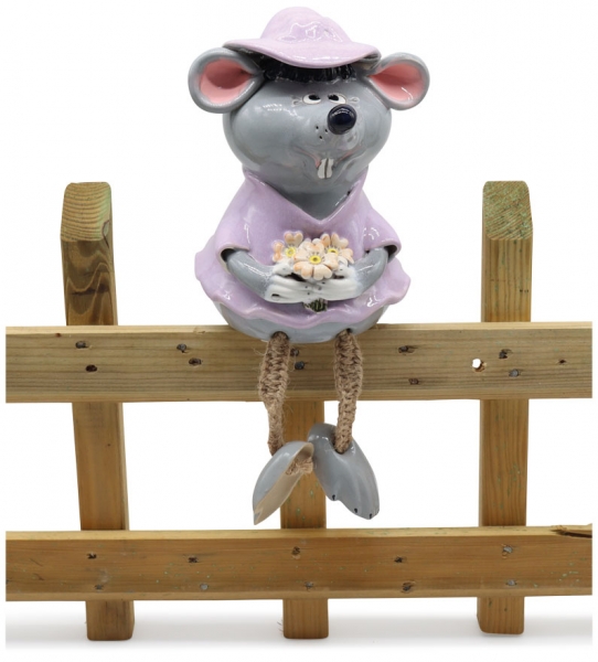 Keramik Gartenstecker Maus m. Blumen 18cm